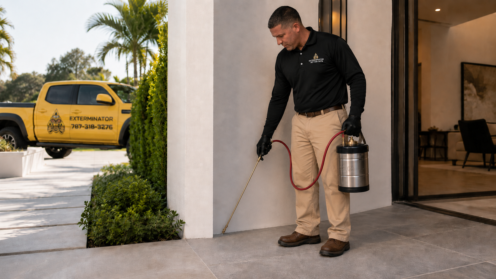 Técnico de EMO Exterminator aplicando tratamiento en una entrada residencial